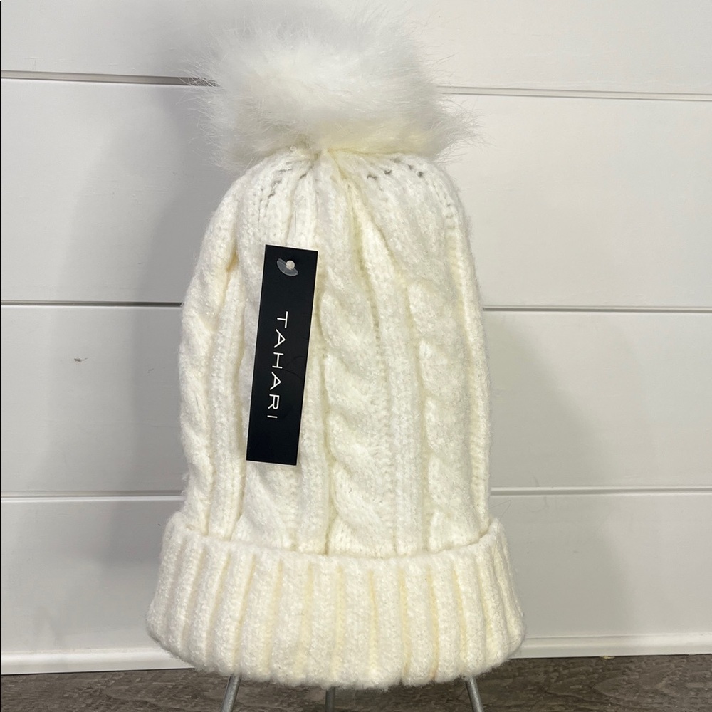 Tahari Cream Knit Winter Beanie with Faux Fur Pom-Pom - NWT